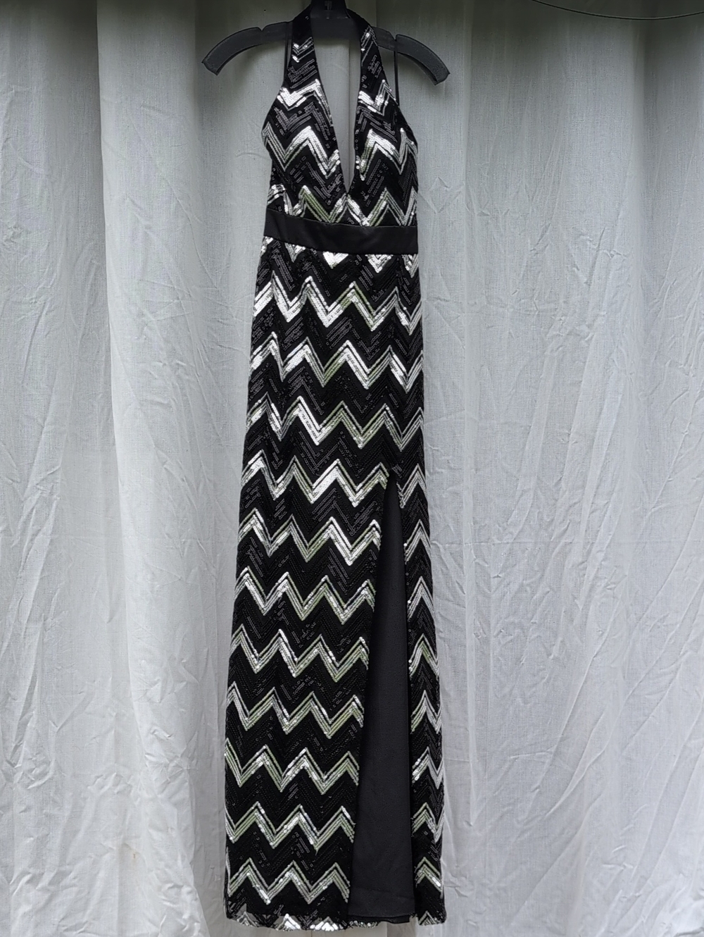 Terani 1282 - Size 6 - Couture Black and Silver Chevron Halter Gown